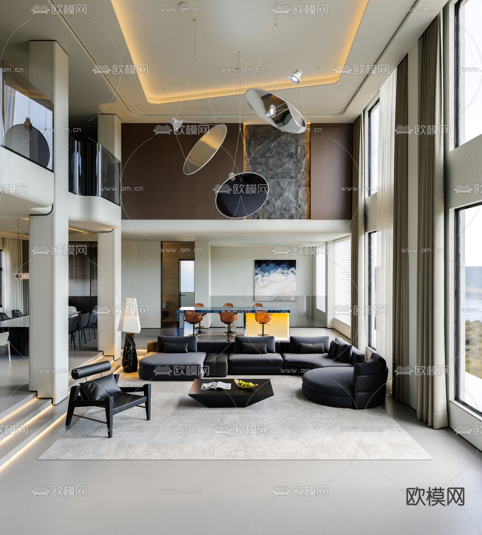 别墅大堂 别墅客餐厅3d模型下载（渲染图1）