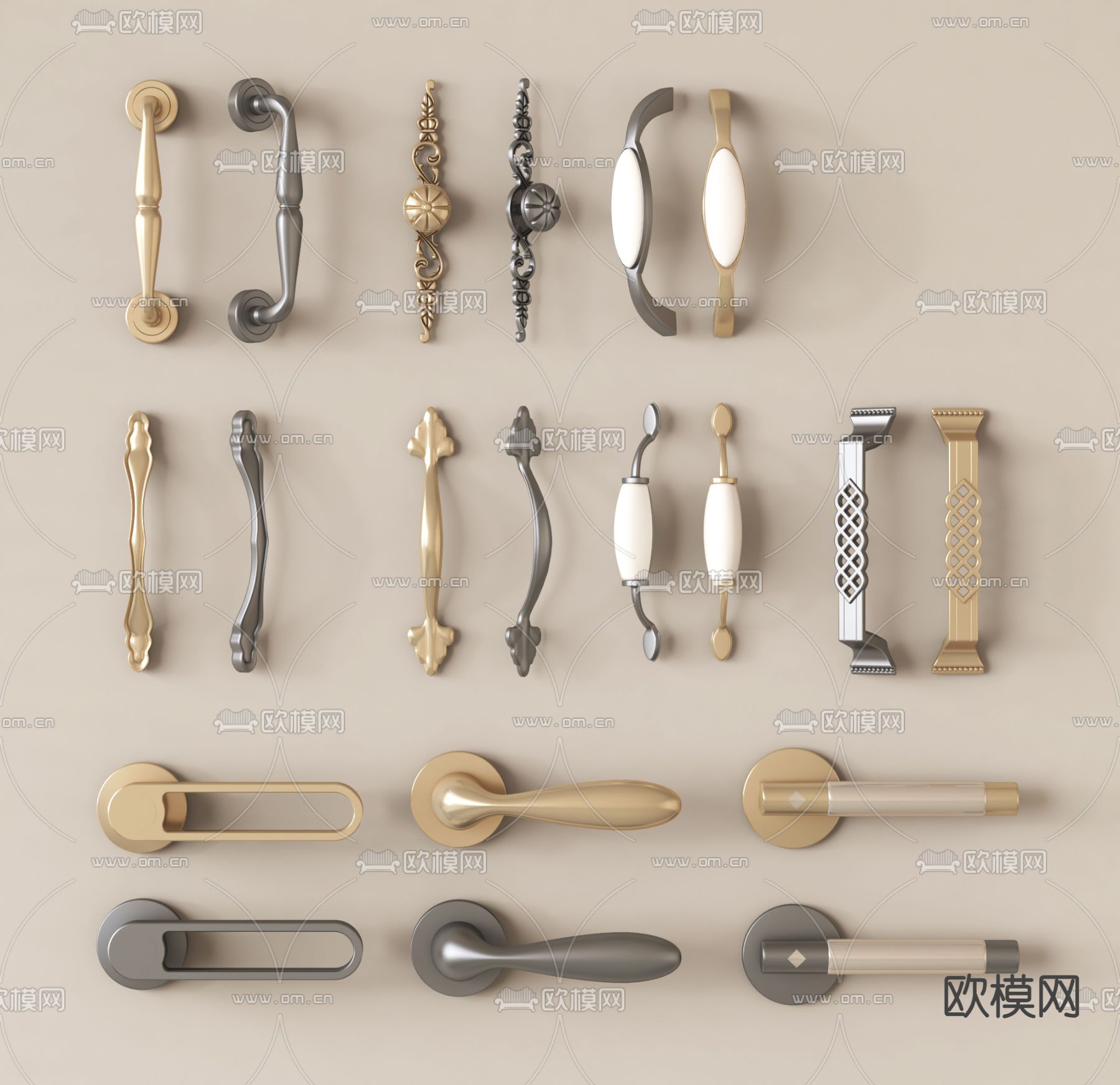 简欧门把手 拉手 门锁3d模型下载