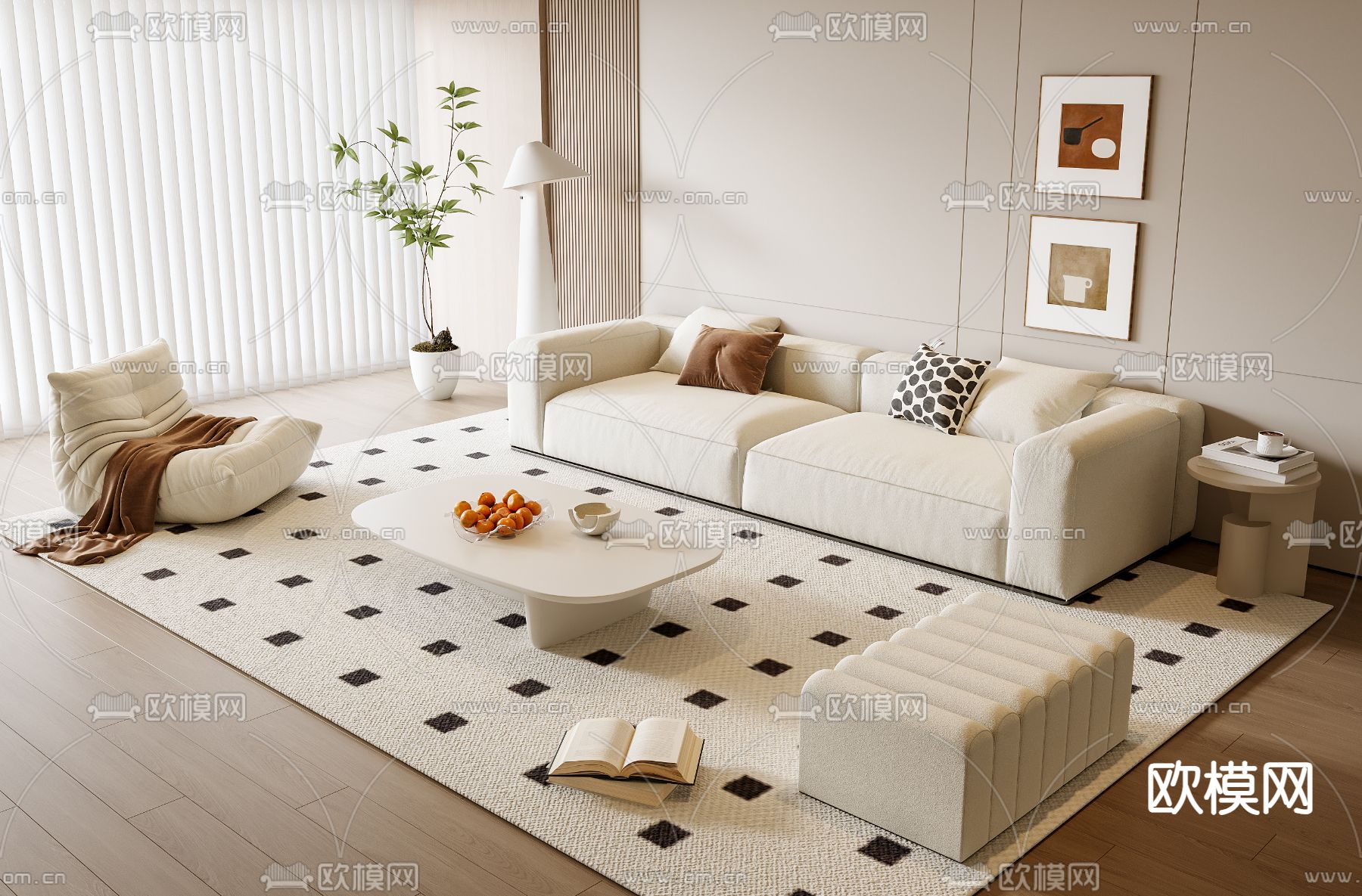 奶油风沙发茶几组合3d模型下载