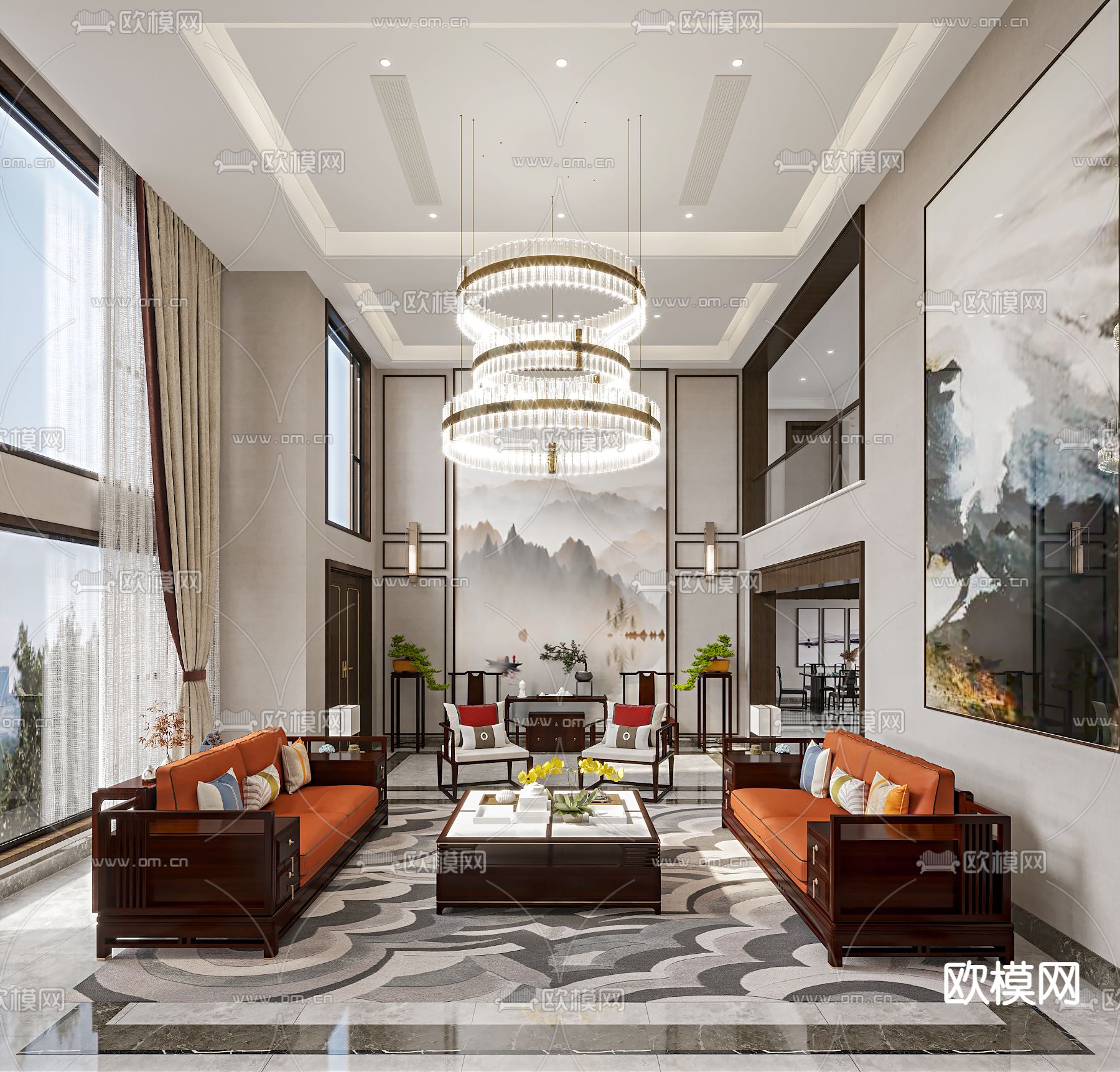 中式别墅客厅 别墅大堂3d模型下载（渲染图2）