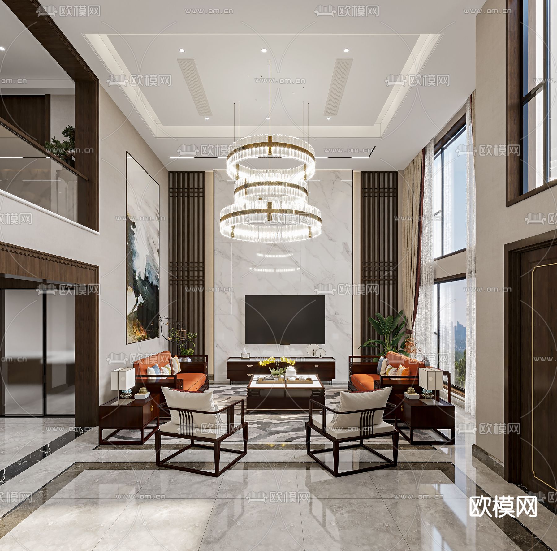 中式别墅客厅 别墅大堂3d模型下载（渲染图1）
