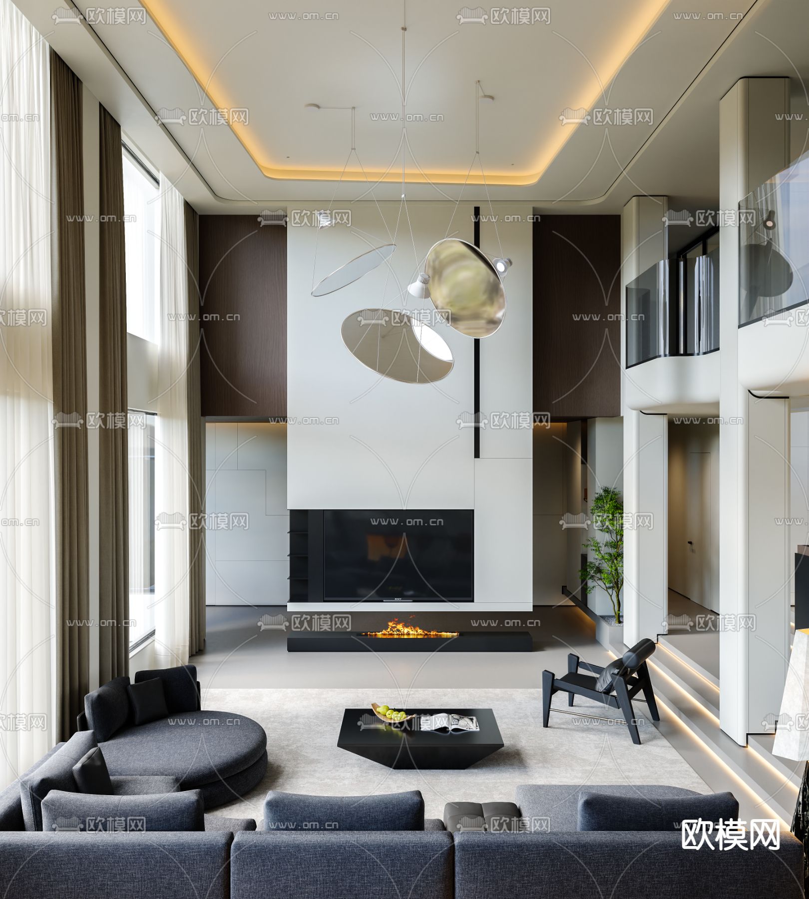 别墅大堂 别墅客餐厅3d模型下载（渲染图2）