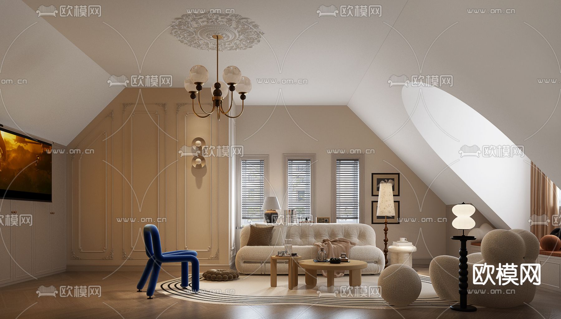 奶油风休闲厅3d模型下载