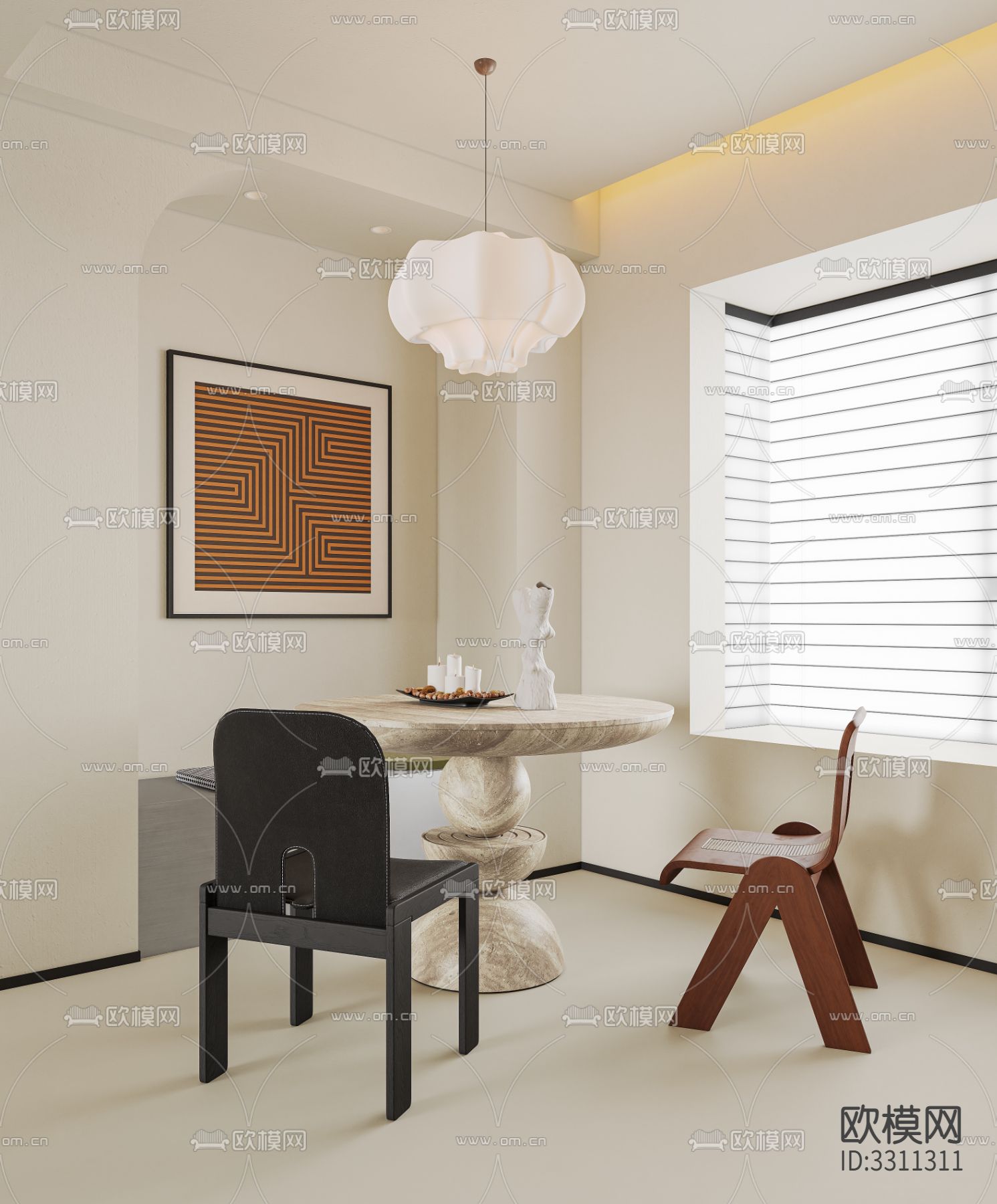 奶油风客餐厅效果图下载（渲染图6）