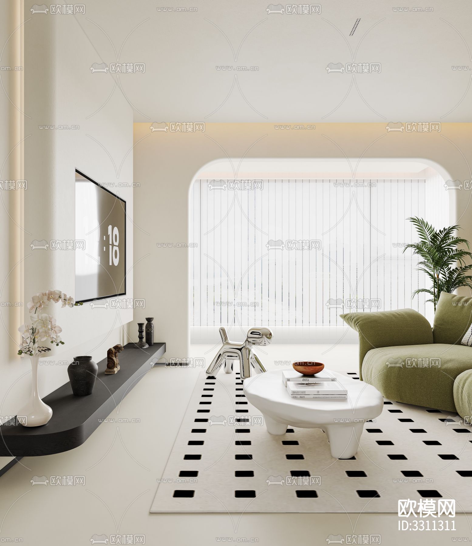 奶油风客餐厅效果图下载（渲染图2）