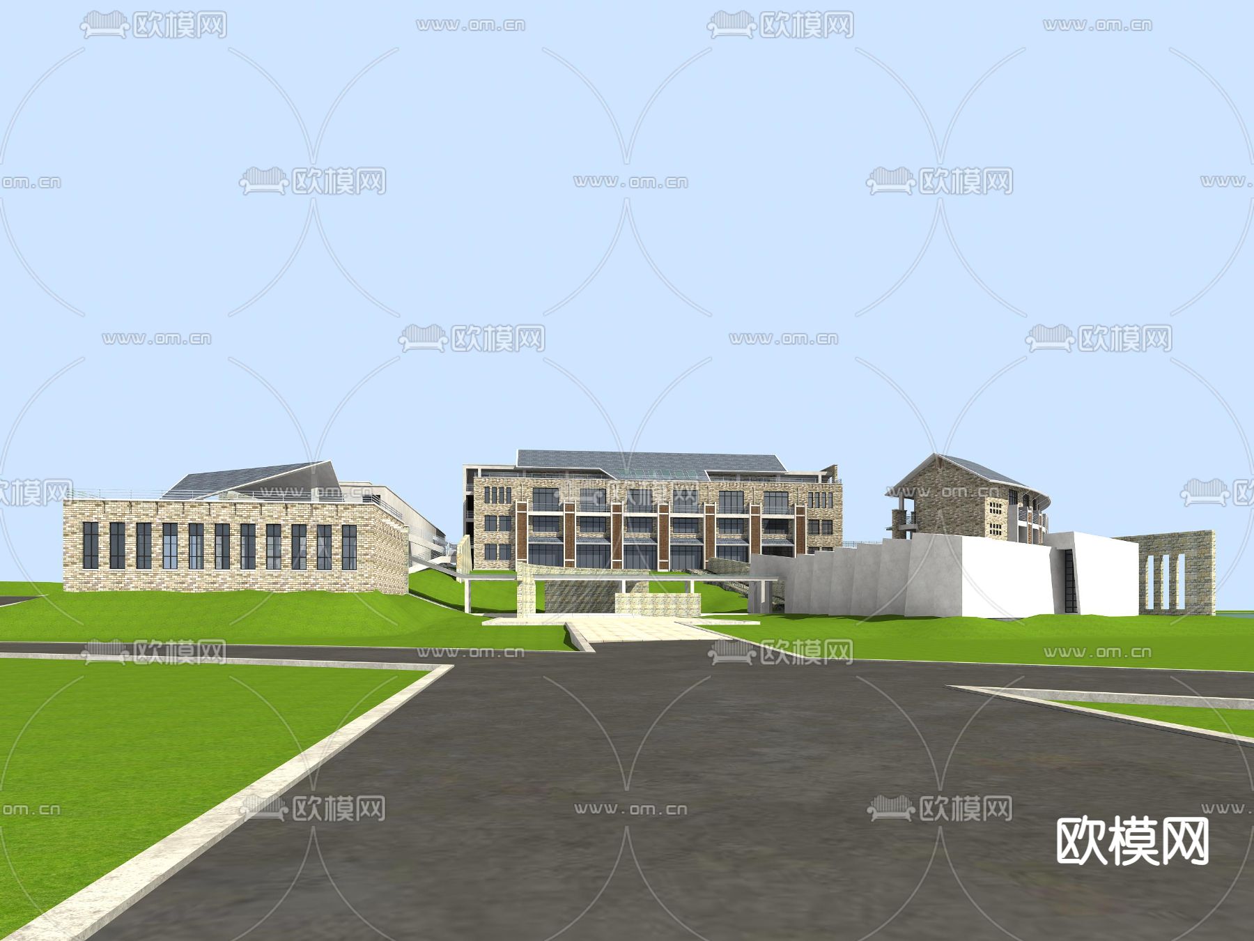 新中式 学校外观3d模型下载（渲染图4）