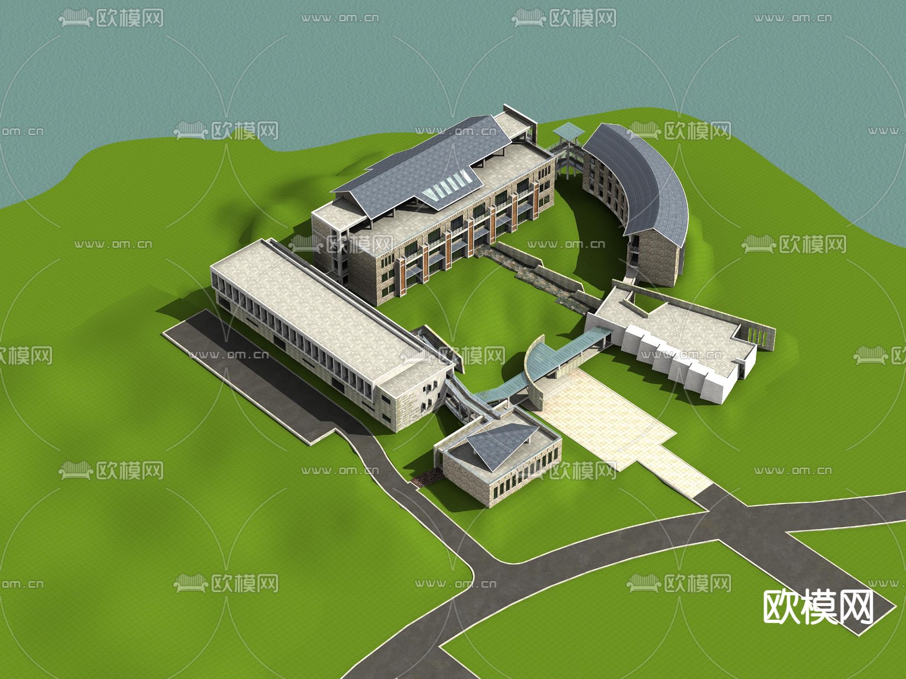 新中式 学校外观3d模型下载（渲染图1）