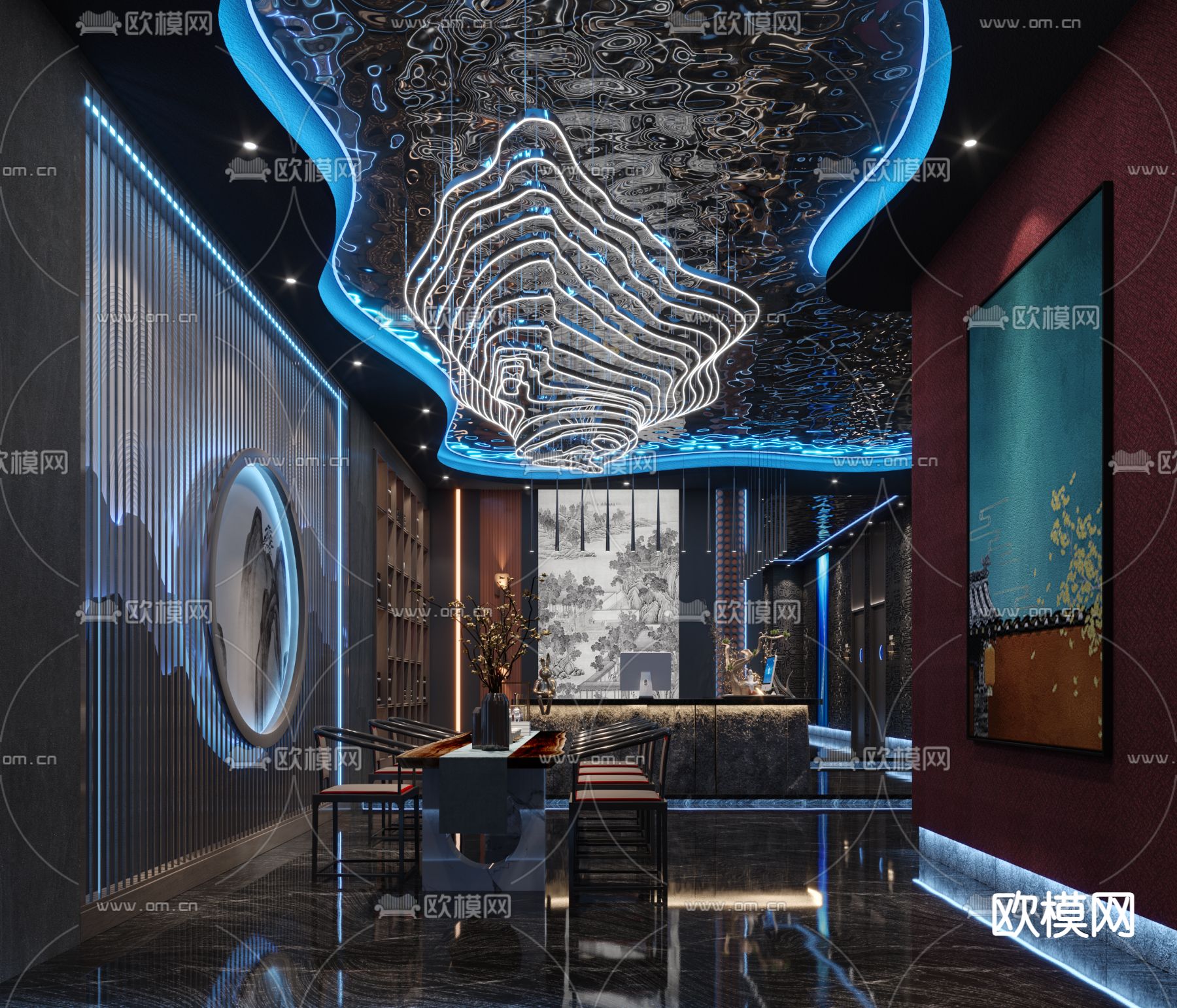 新中式洗浴中心前台 接待3d模型下载（渲染图2）