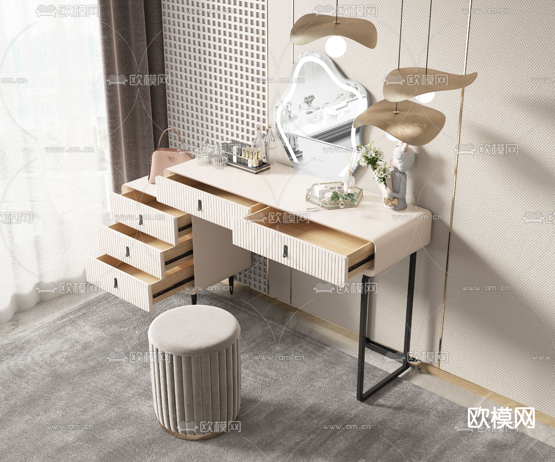 奶油风梳妆台 化妆台 化妆桌3d模型下载（渲染图3）