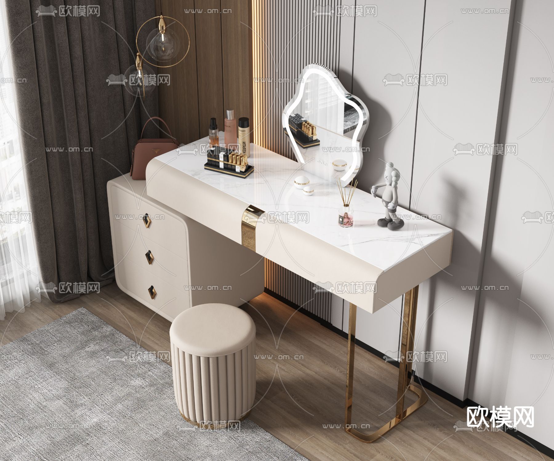 奶油风梳妆台 化妆台 化妆桌3d模型下载（渲染图2）