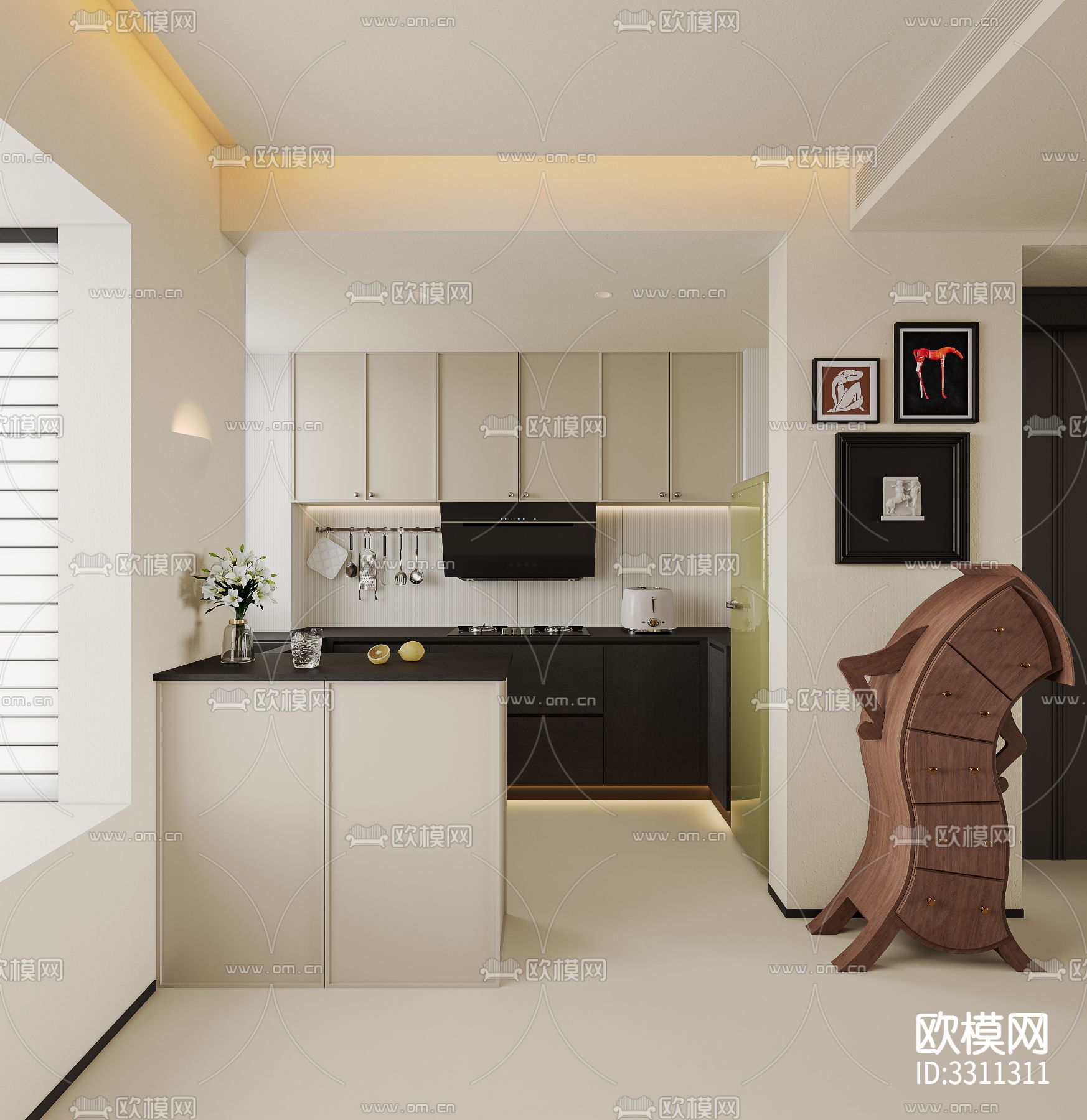 奶油风客餐厅效果图下载（渲染图8）