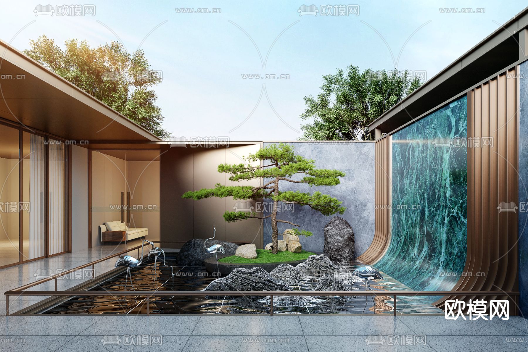 新中式庭院景观 景观墙3d模型下载