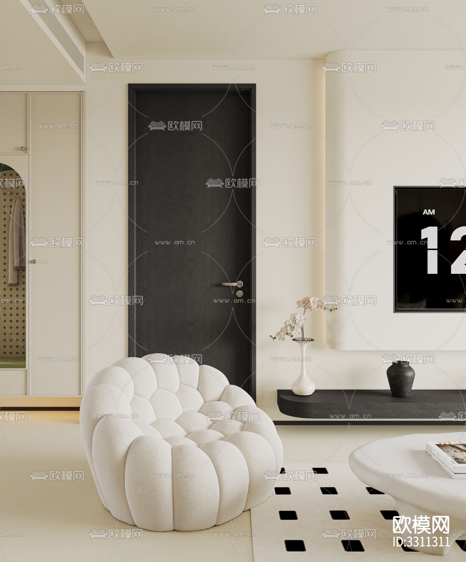 奶油风客餐厅效果图下载（渲染图4）