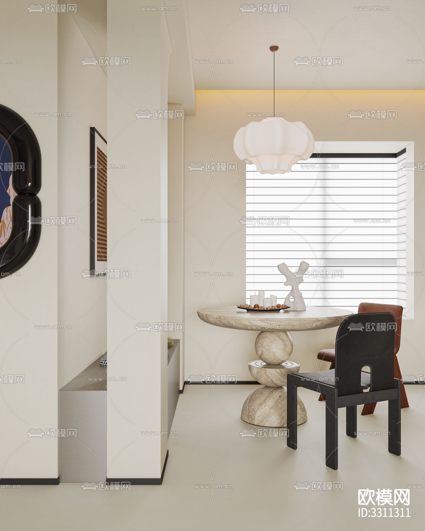 奶油风客餐厅效果图下载（渲染图7）