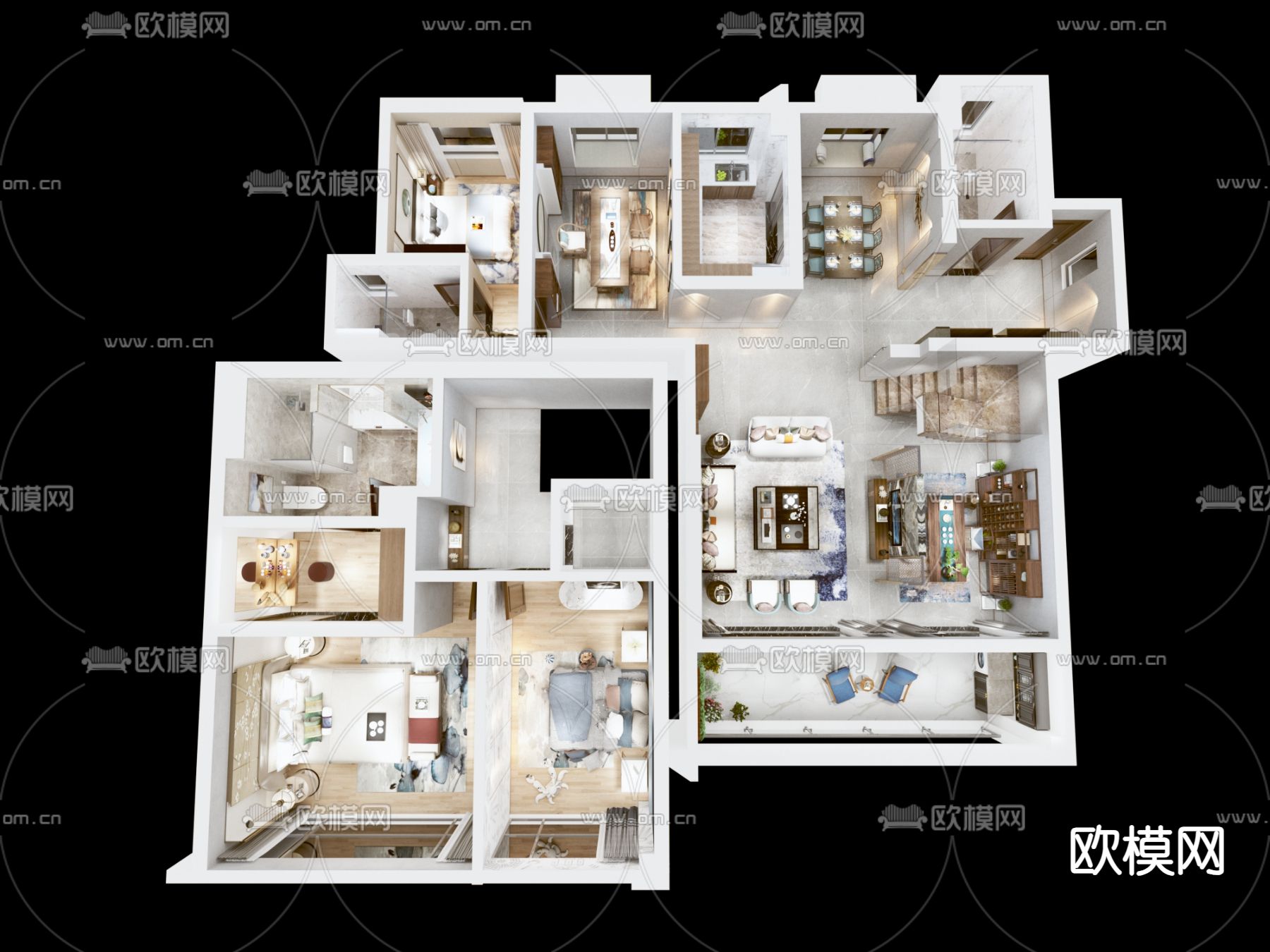 新中式 复式户型鸟瞰3d模型下载（渲染图1）