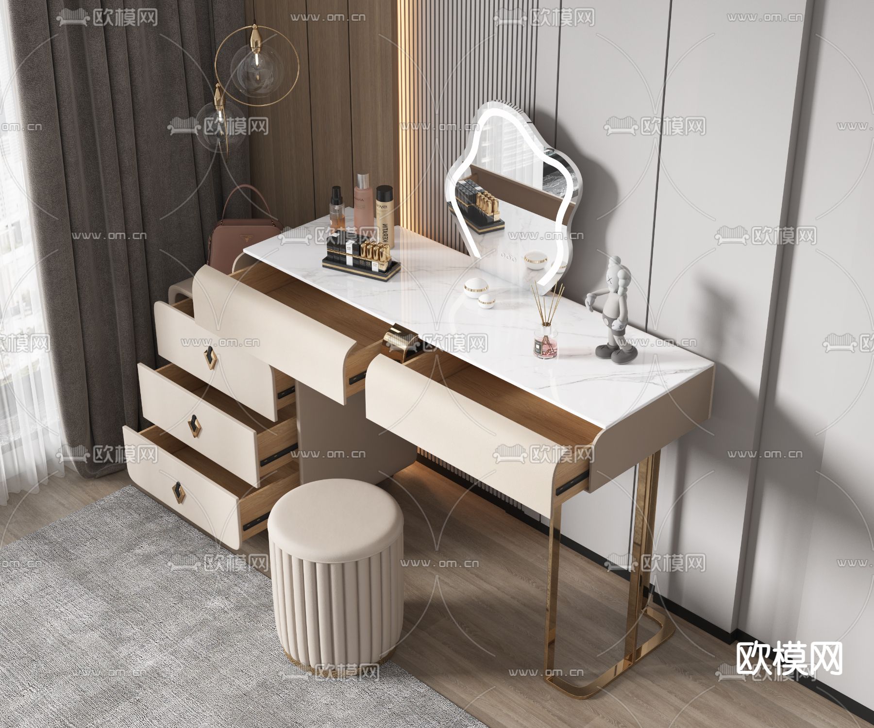 奶油风梳妆台 化妆台 化妆桌3d模型下载（渲染图3）