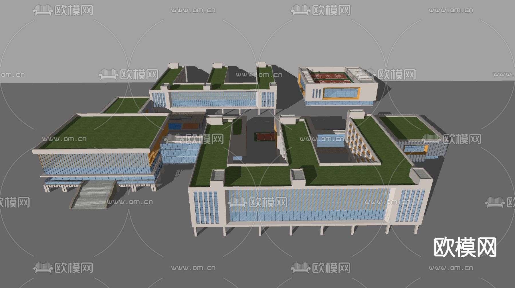 现代学校 教学楼 宿舍楼 体育馆su模型下载（渲染图1）