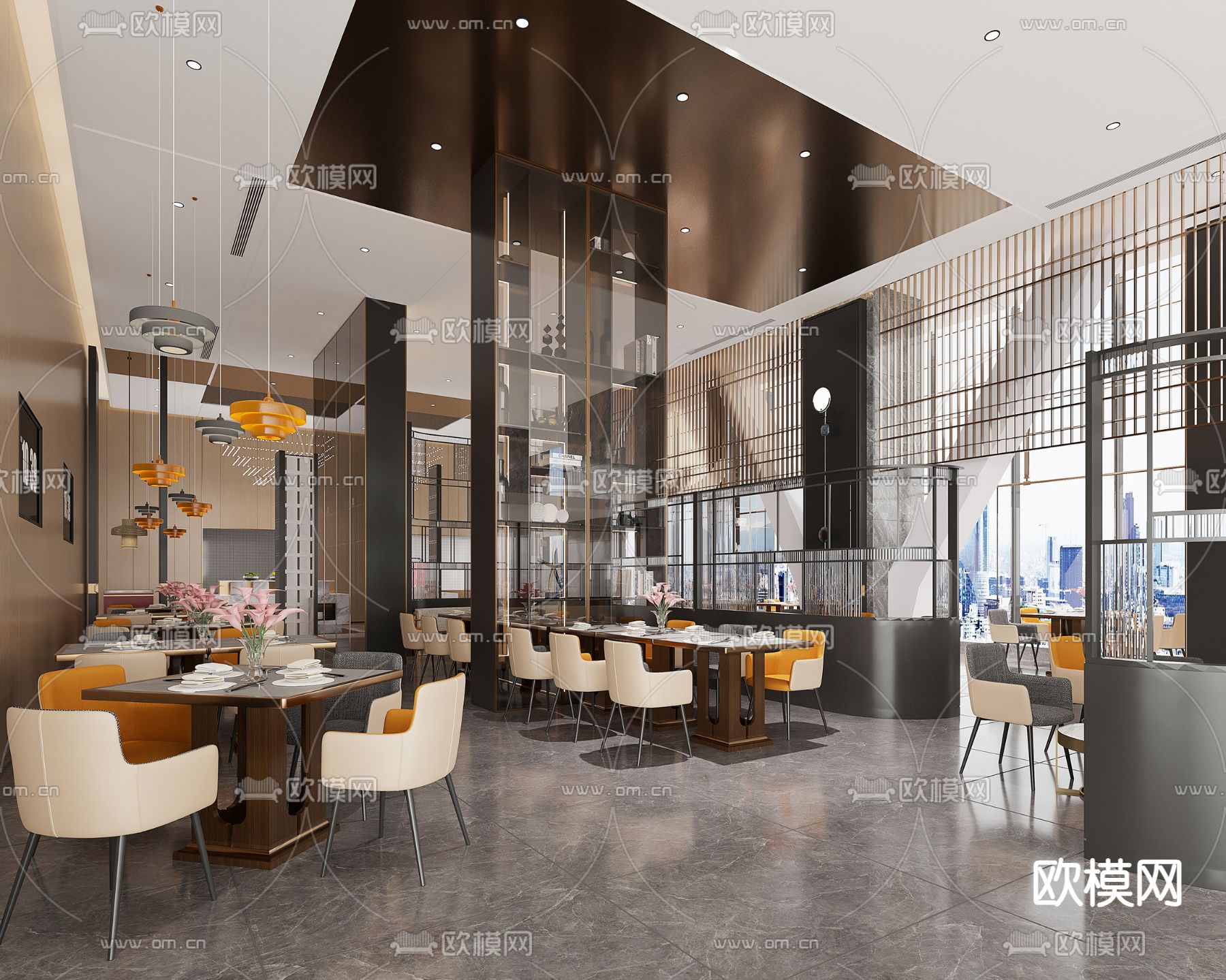 轻奢西餐厅 全日制餐厅3d模型下载（渲染图2）