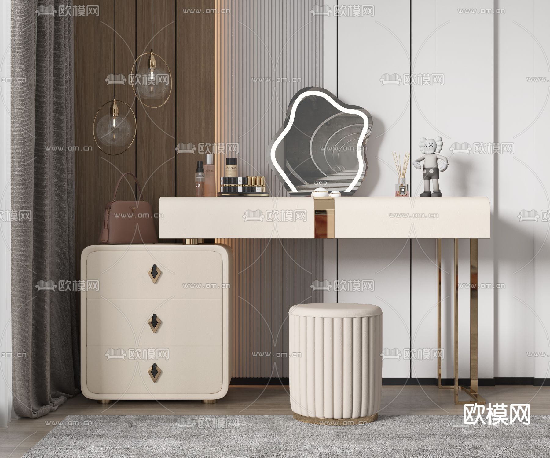 奶油风梳妆台 化妆台 化妆桌3d模型下载（渲染图1）