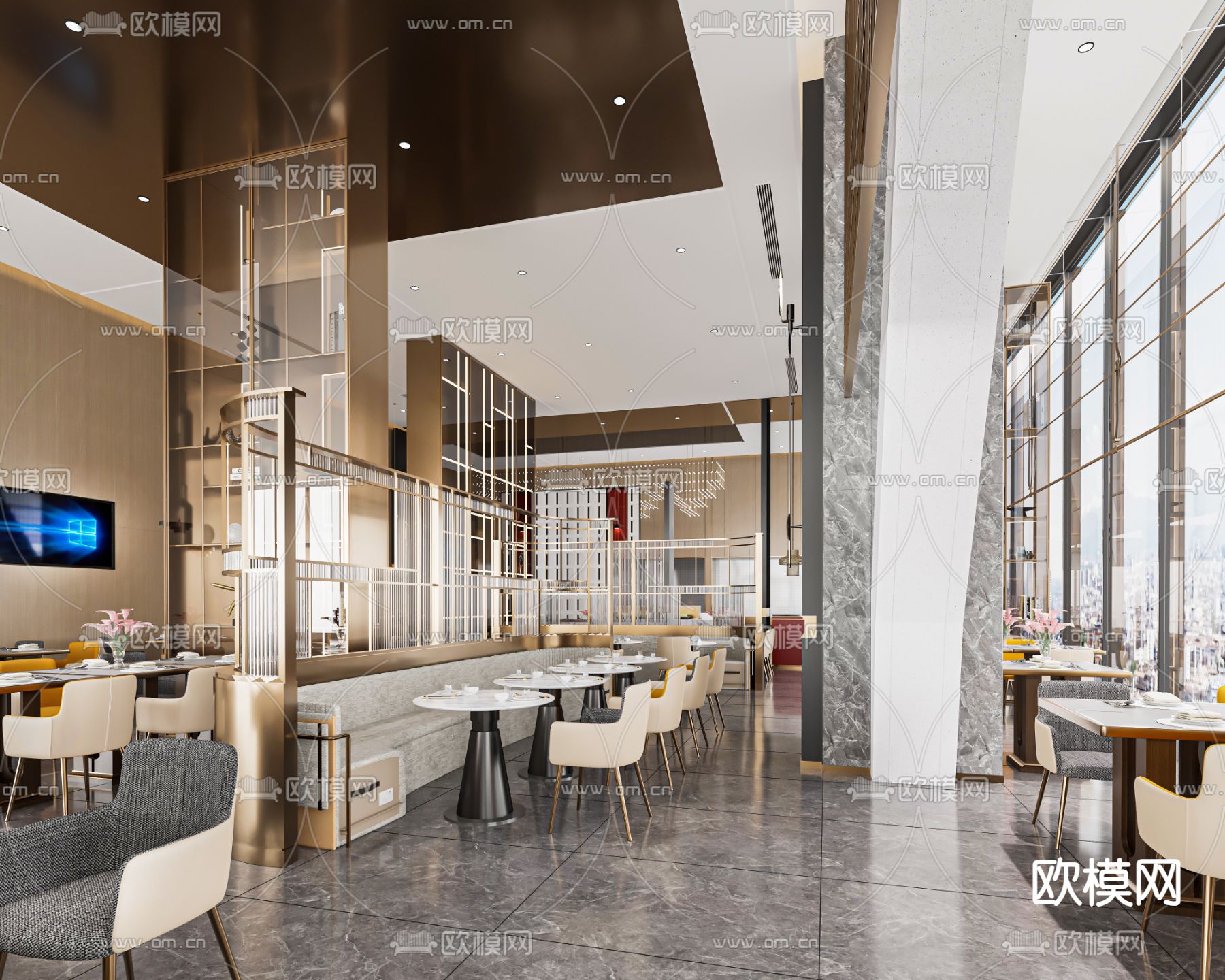 轻奢西餐厅 全日制餐厅3d模型下载（渲染图1）