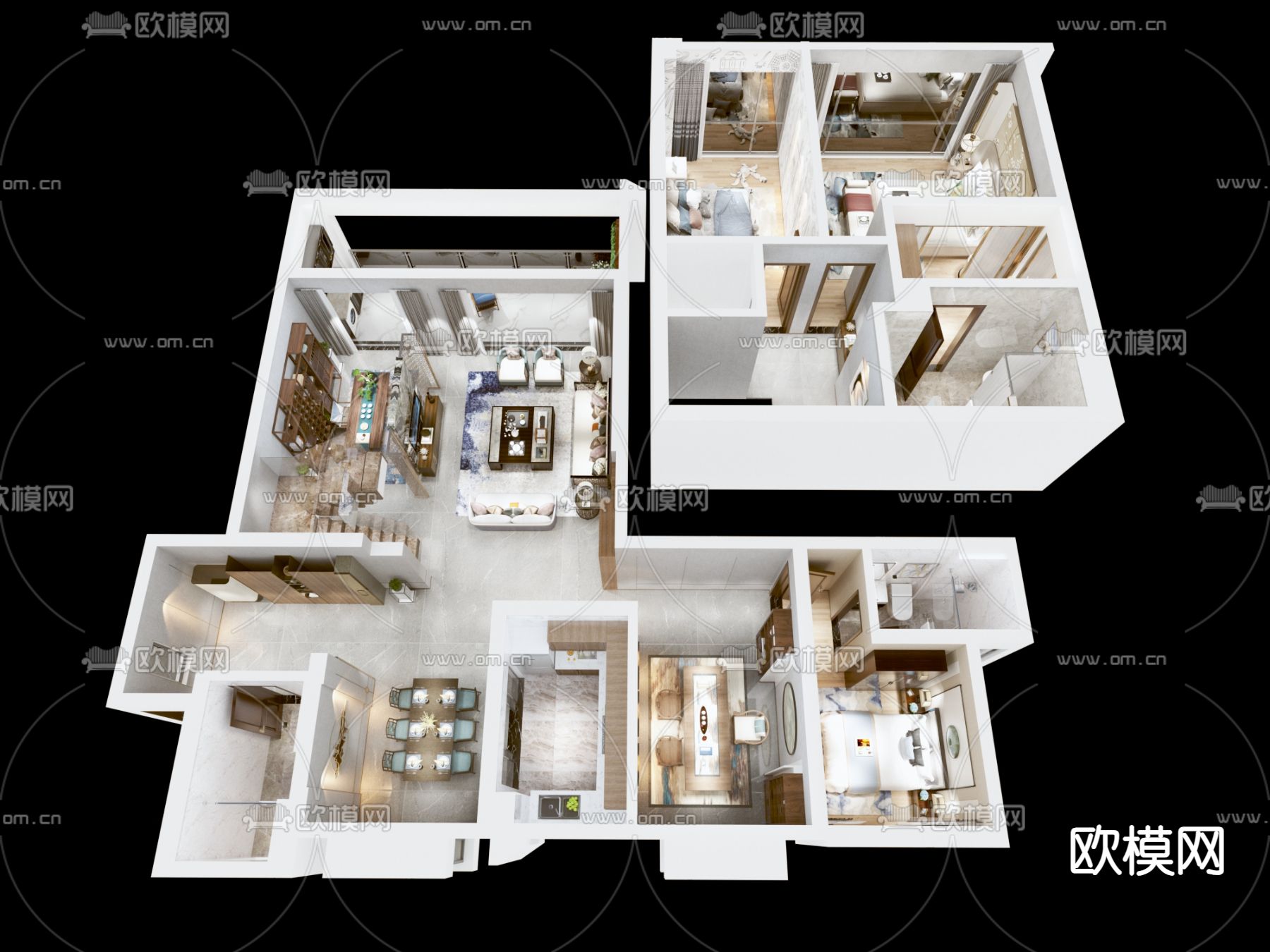 新中式 复式户型鸟瞰3d模型下载（渲染图2）