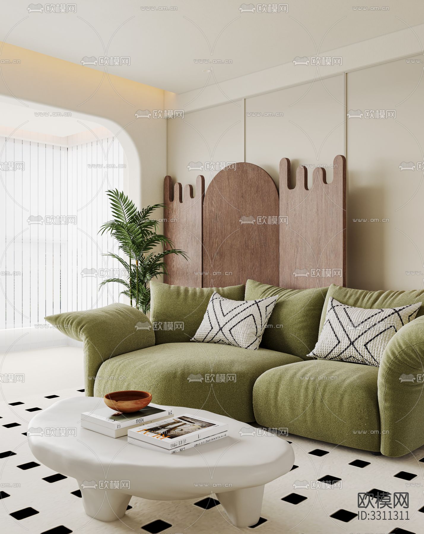 奶油风客餐厅效果图下载（渲染图1）