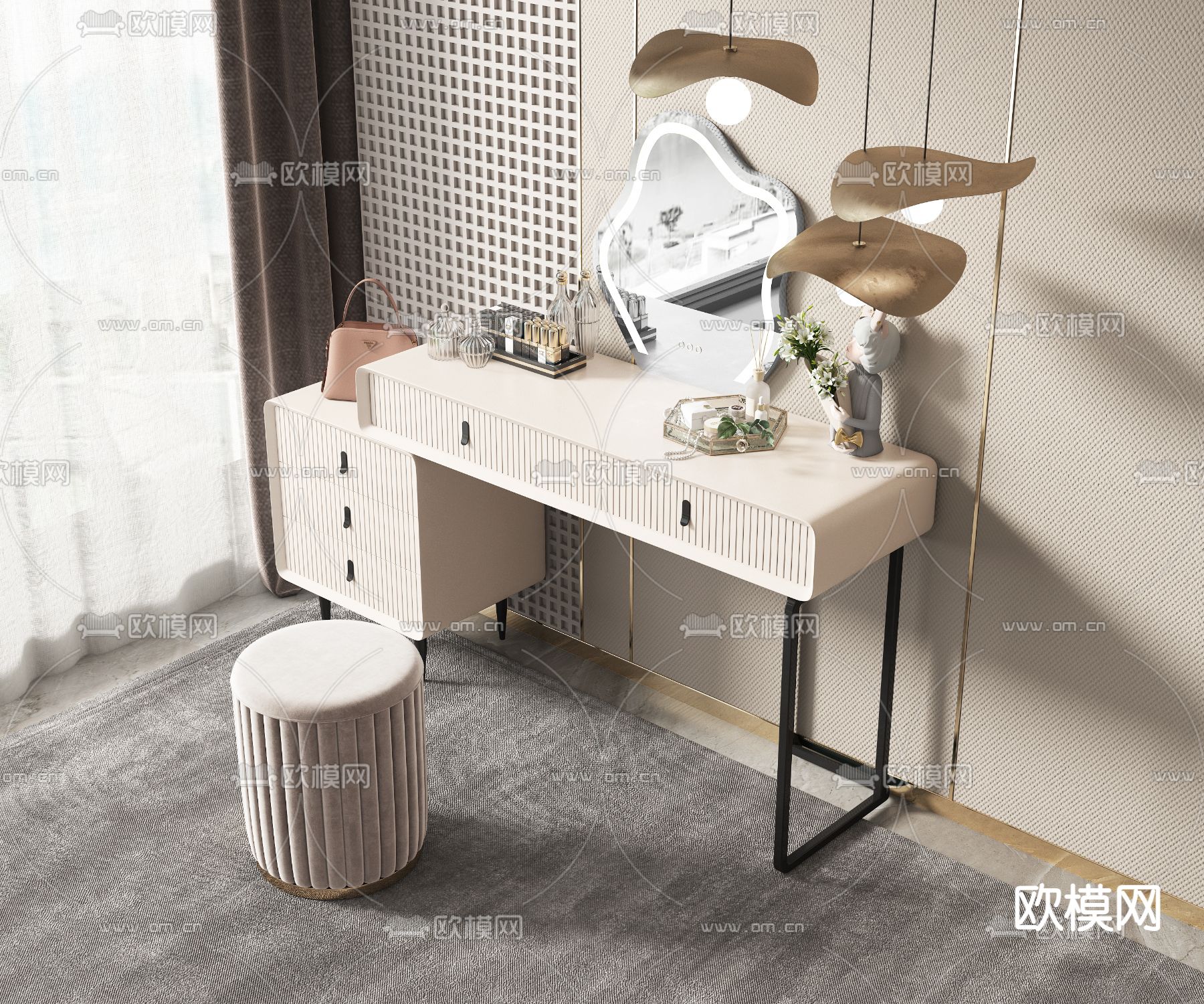 奶油风梳妆台 化妆台 化妆桌3d模型下载（渲染图2）