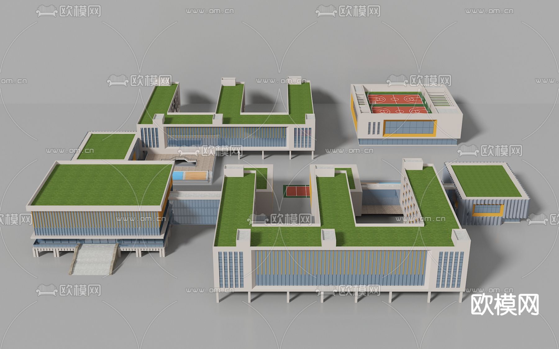 现代学校 教学楼 宿舍楼 体育馆su模型下载（渲染图2）