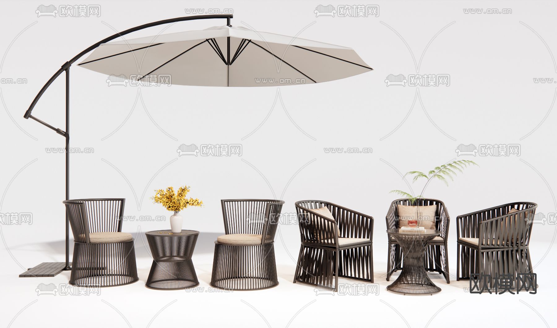 简约藤编户外桌椅3d模型下载
