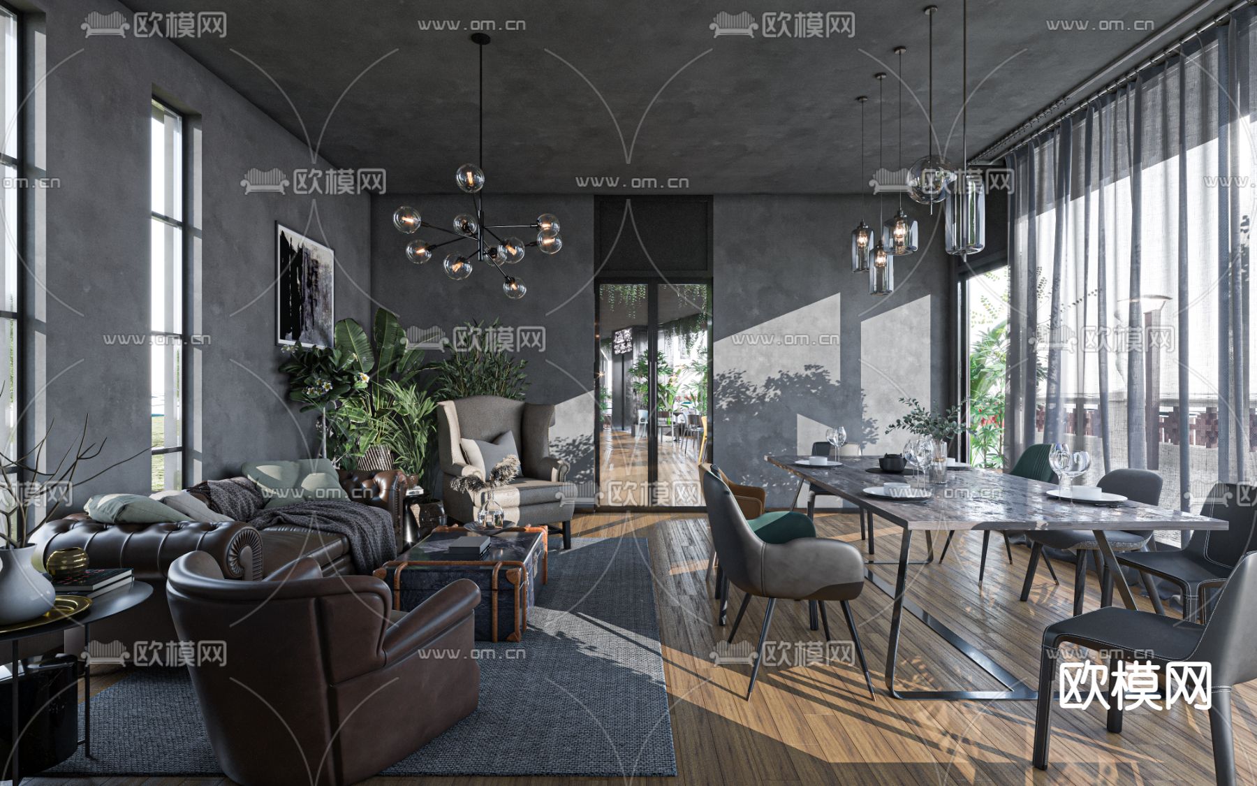工业风西餐厅3d模型下载（渲染图1）