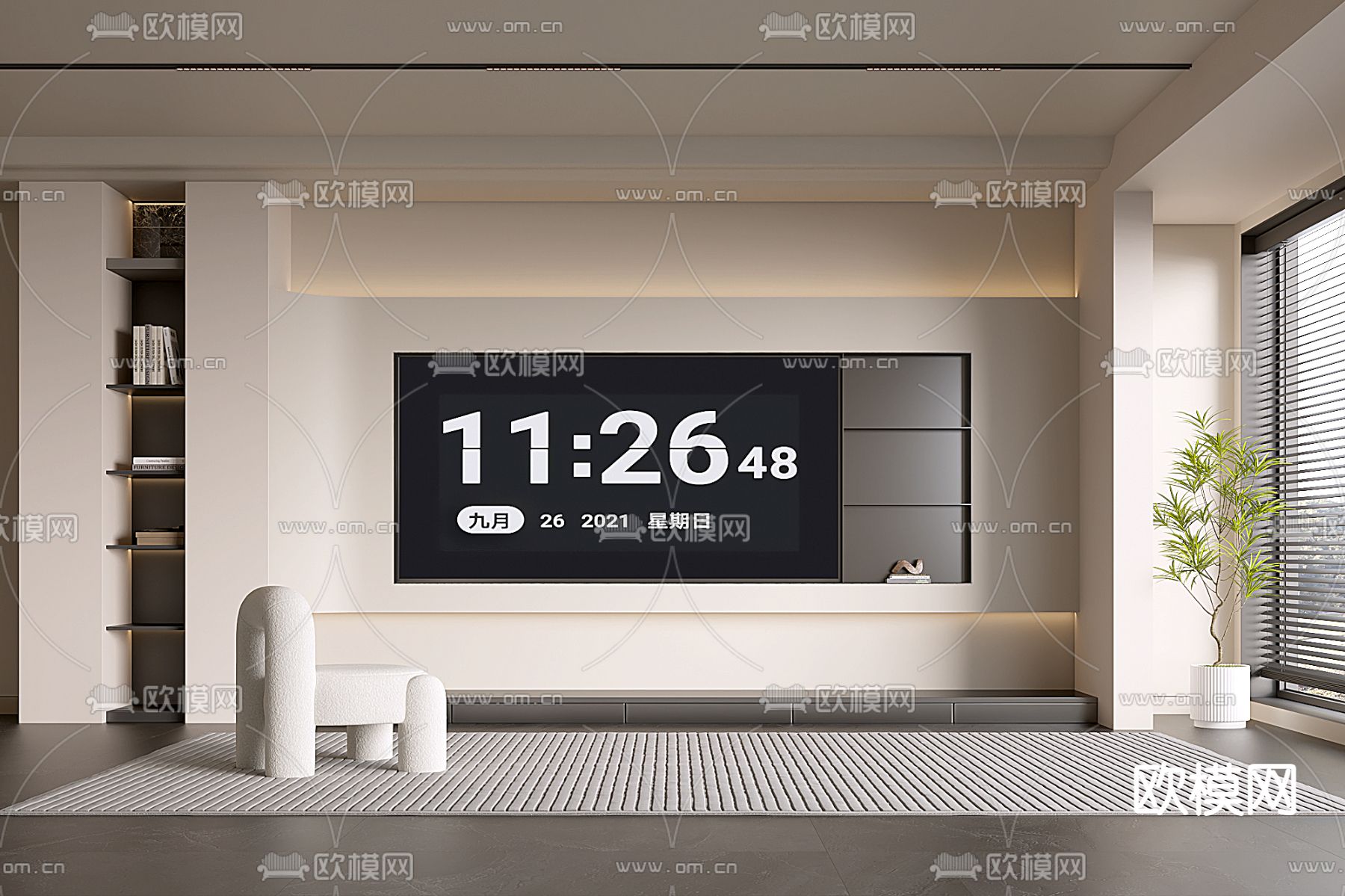 奶油风电视背景su模型