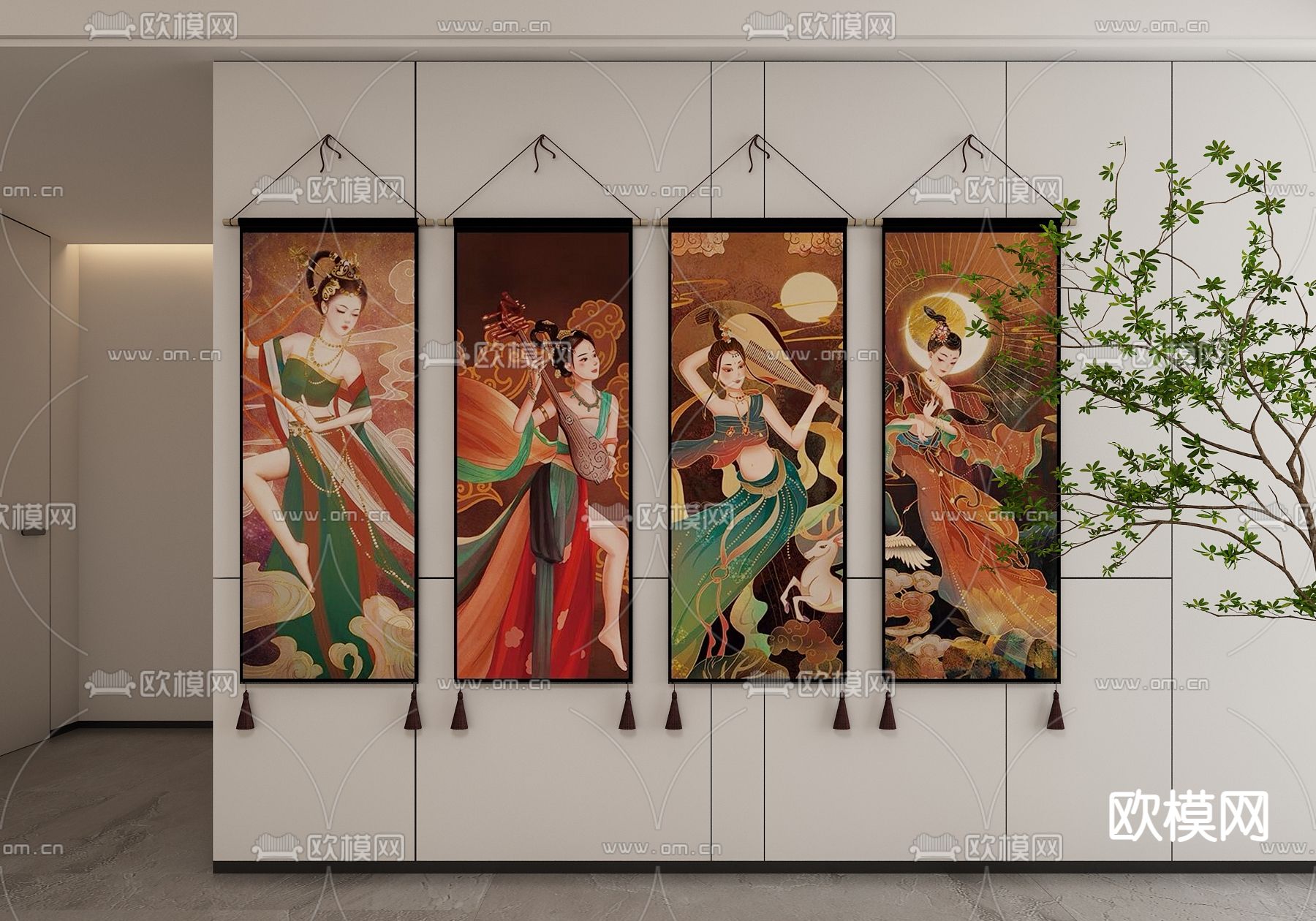 东南亚泰式画 卷轴画 飞天敦煌 装饰挂画3d模型下载