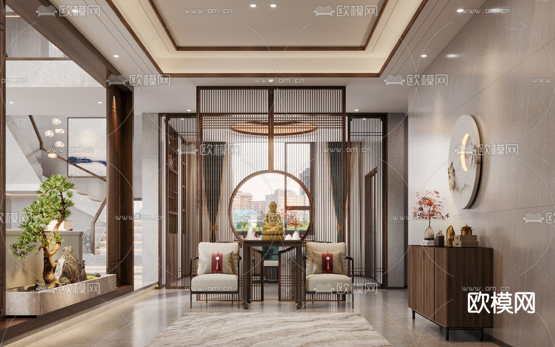 新中式别墅玄关 玄关柜3d模型下载