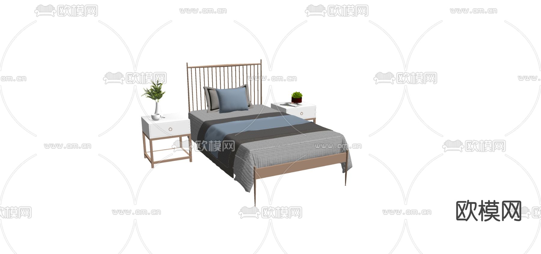 现代单人床su模型下载（渲染图1）