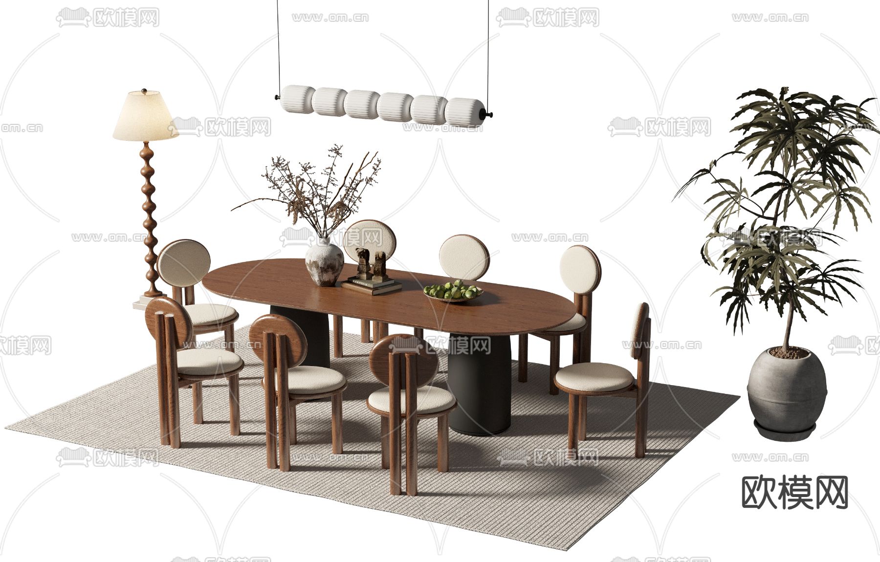 中古风餐桌椅 椭圆餐桌3d模型下载