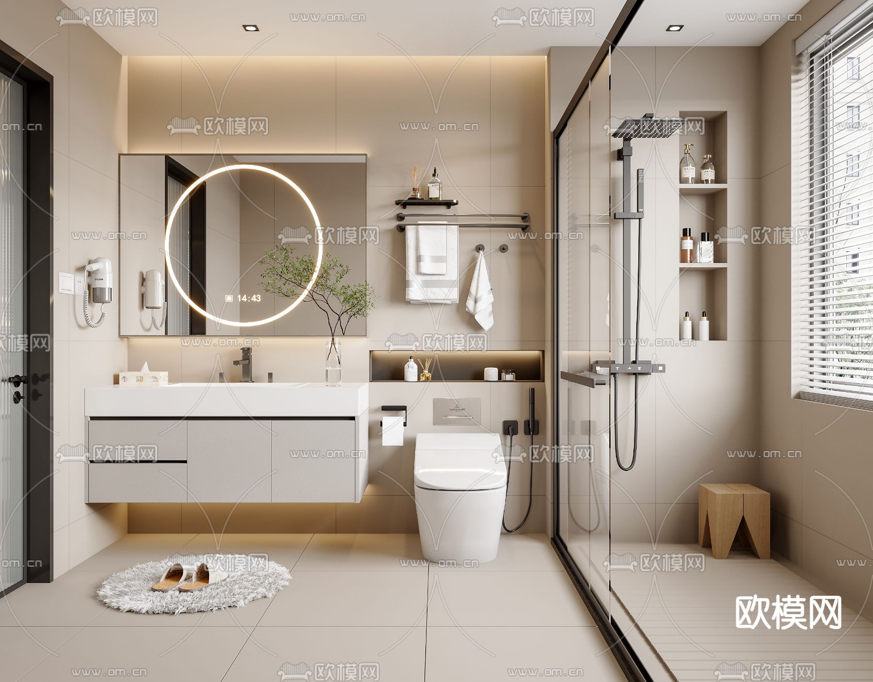 奶油风卫生间 浴室3d模型下载