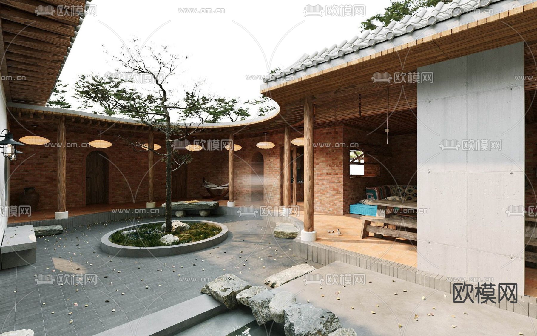 东南亚花园住宅 庭院景观3d模型下载（渲染图1）