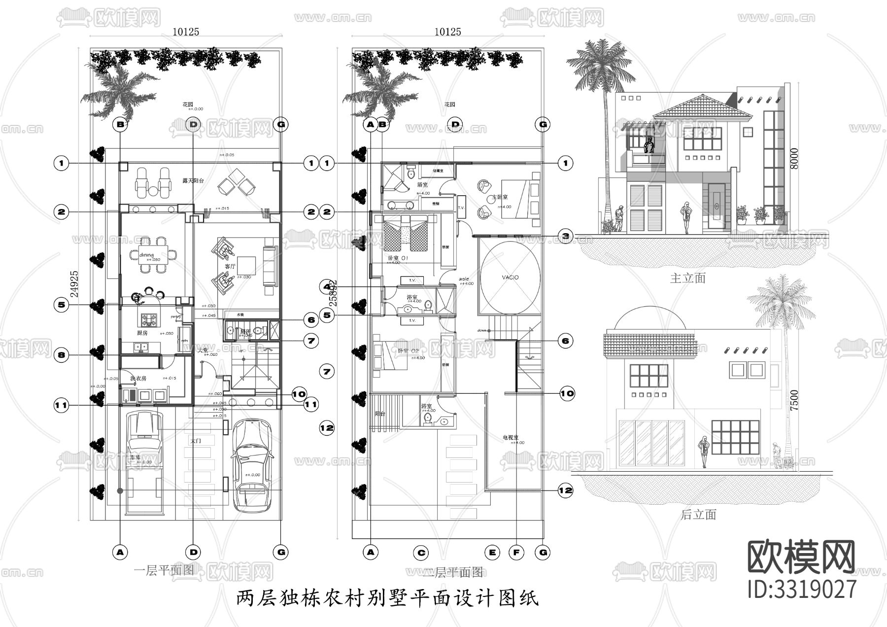 两层乡村独栋别墅cad平面图下载