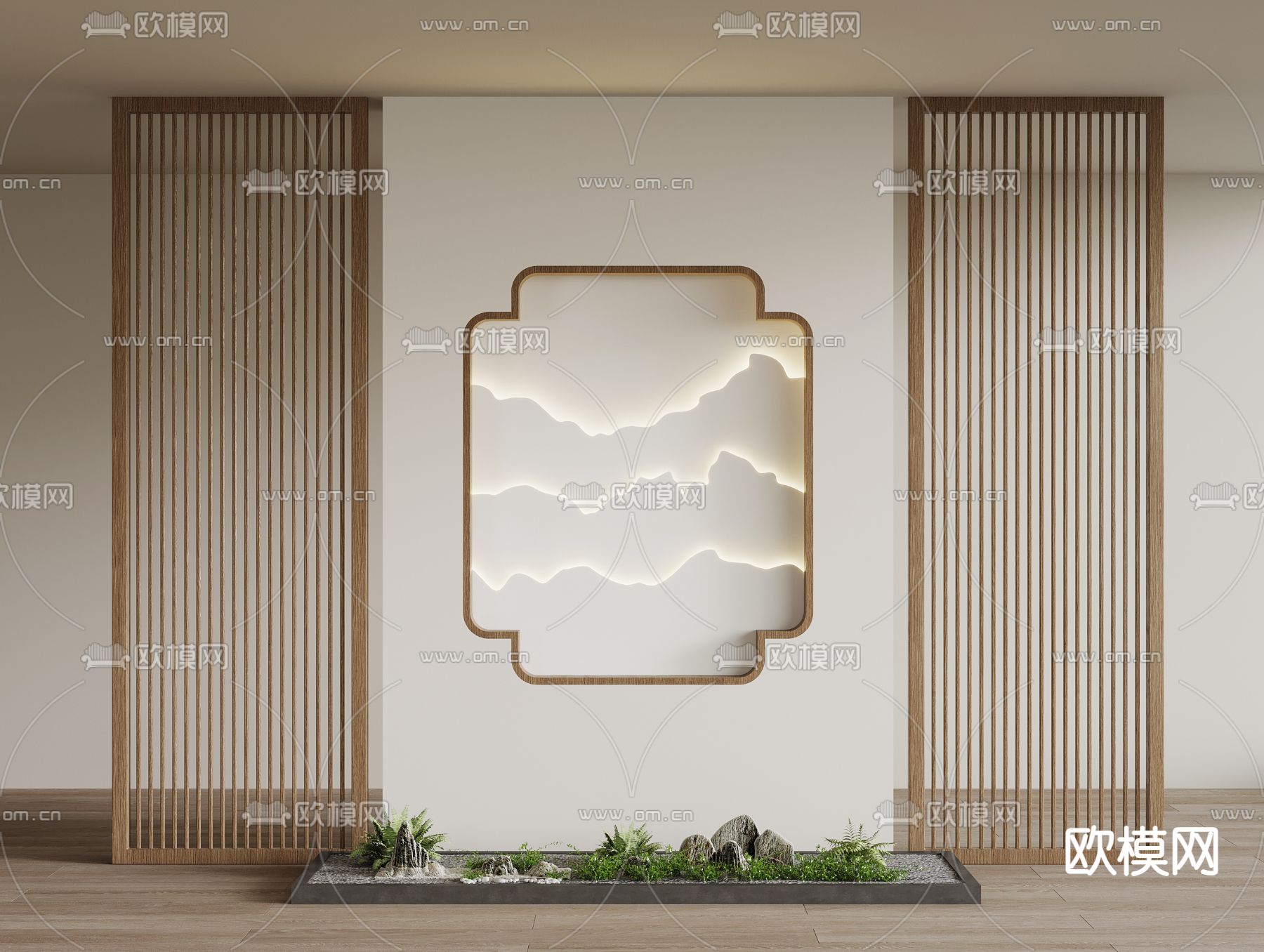 新中式 花格隔断 背景墙3d模型下载