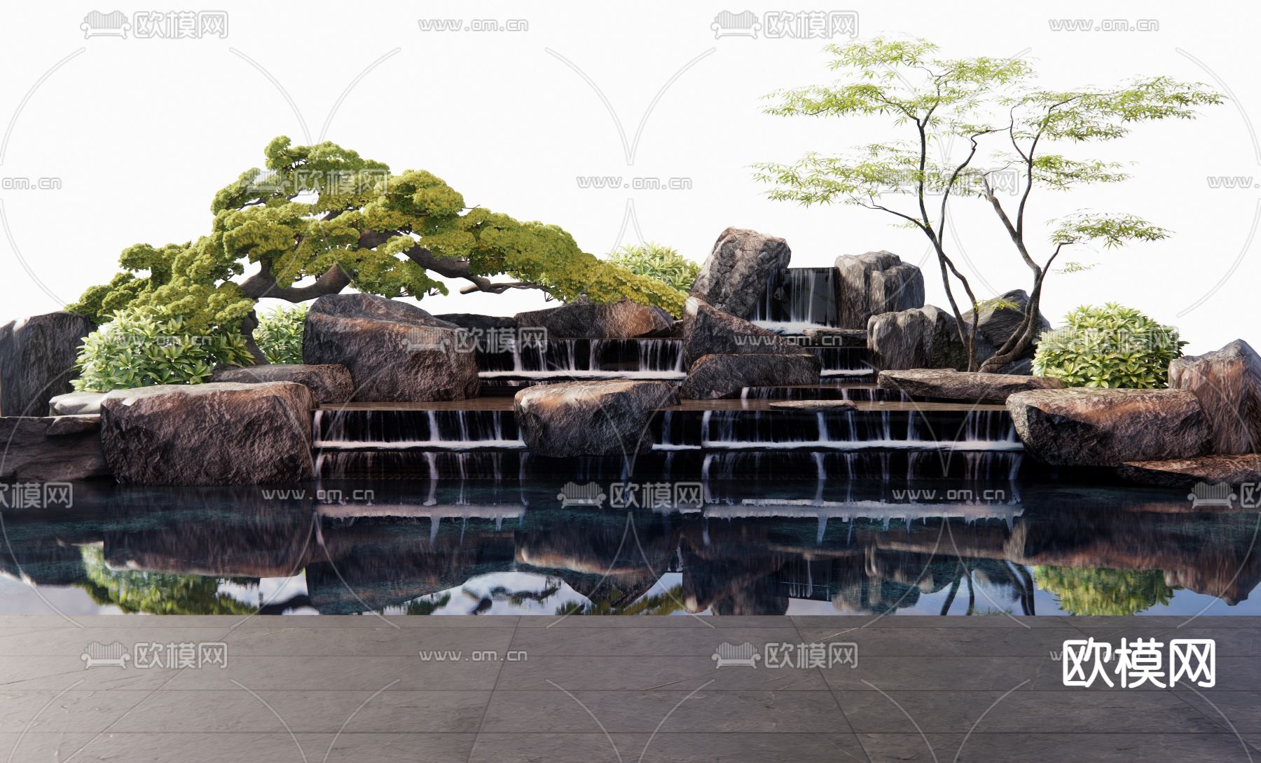 新中式假山水景 叠水景观3d模型下载