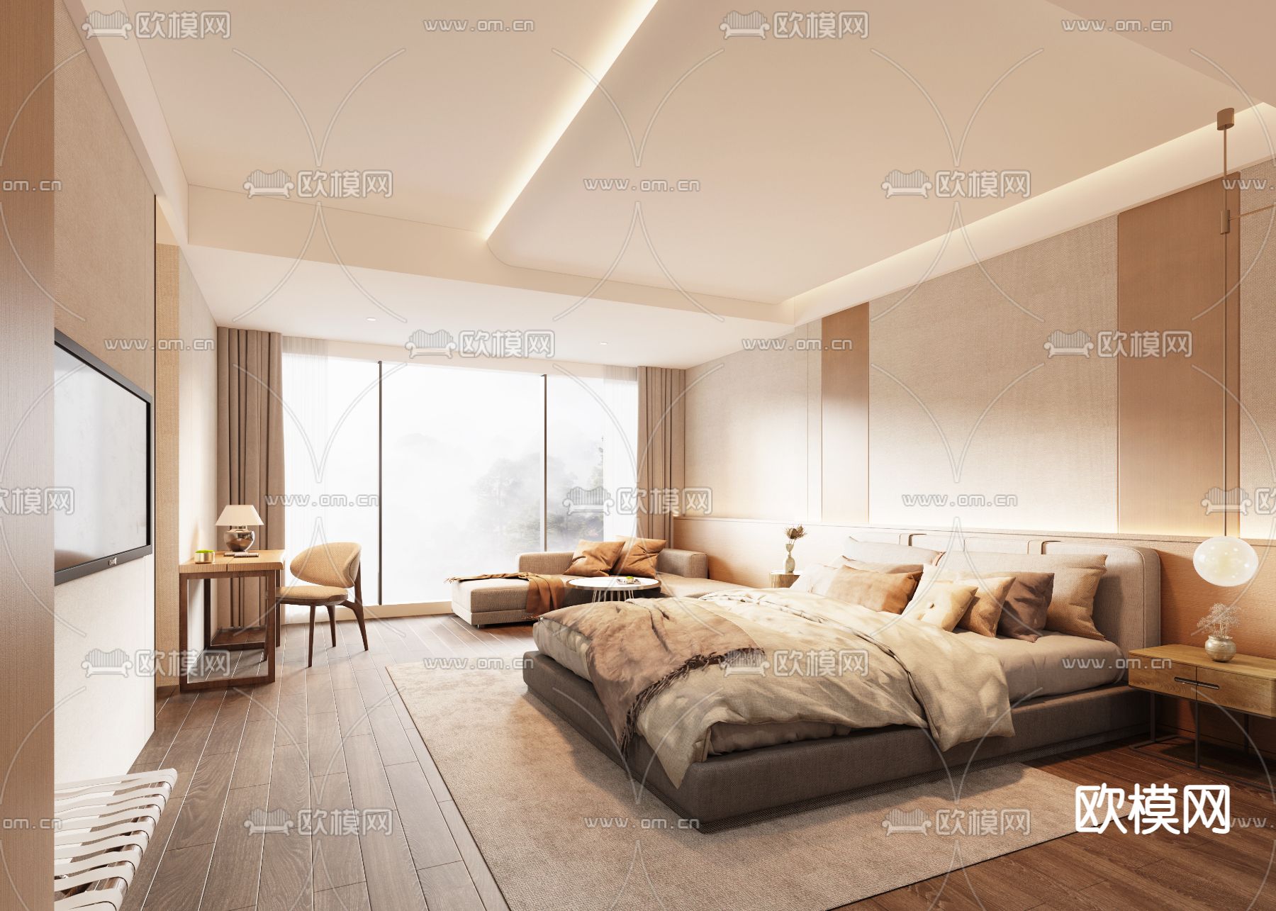 侘寂客房 大床房3d模型下载（渲染图1）