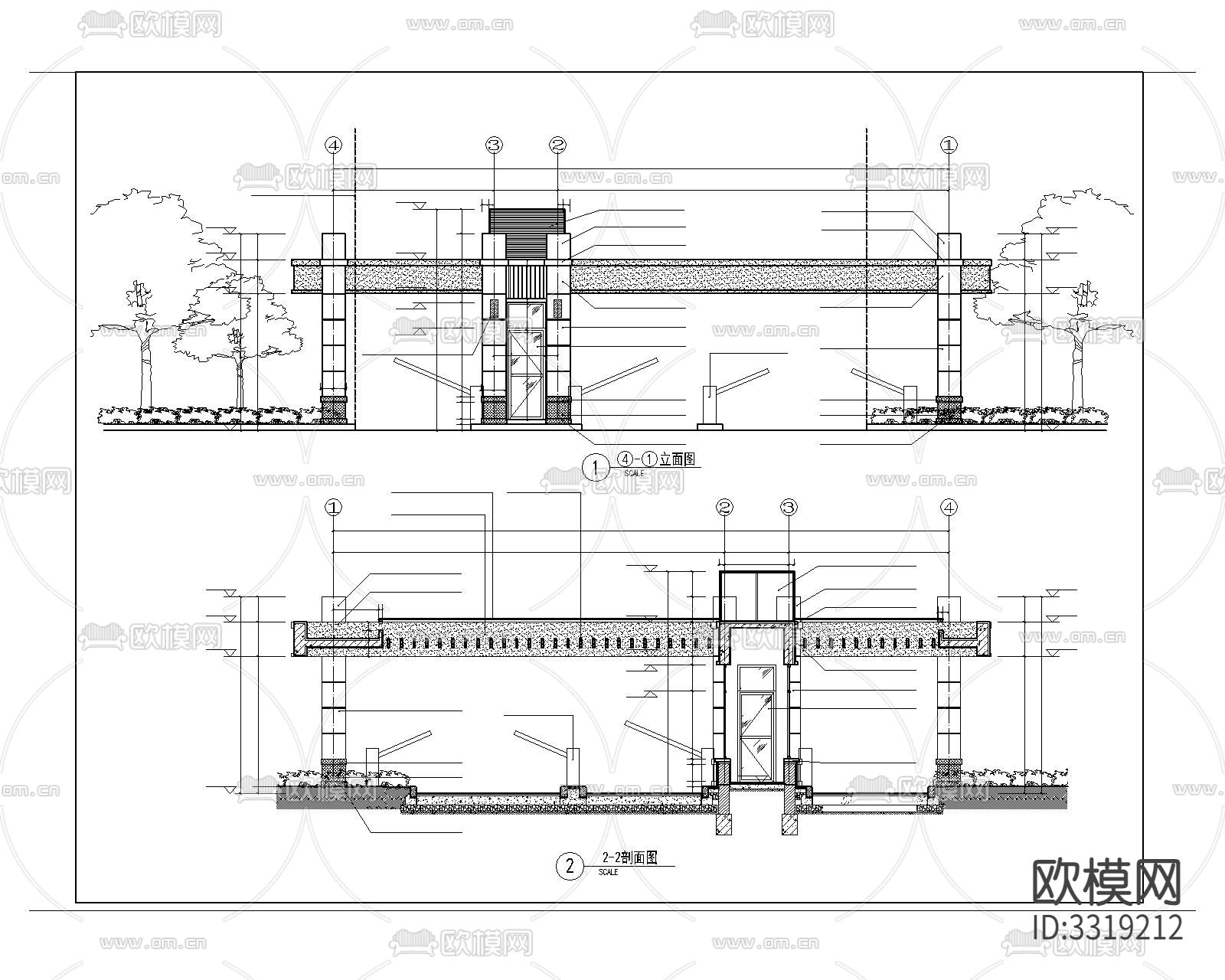 车库入口保安亭节点详图cad大样图下载（渲染图3）