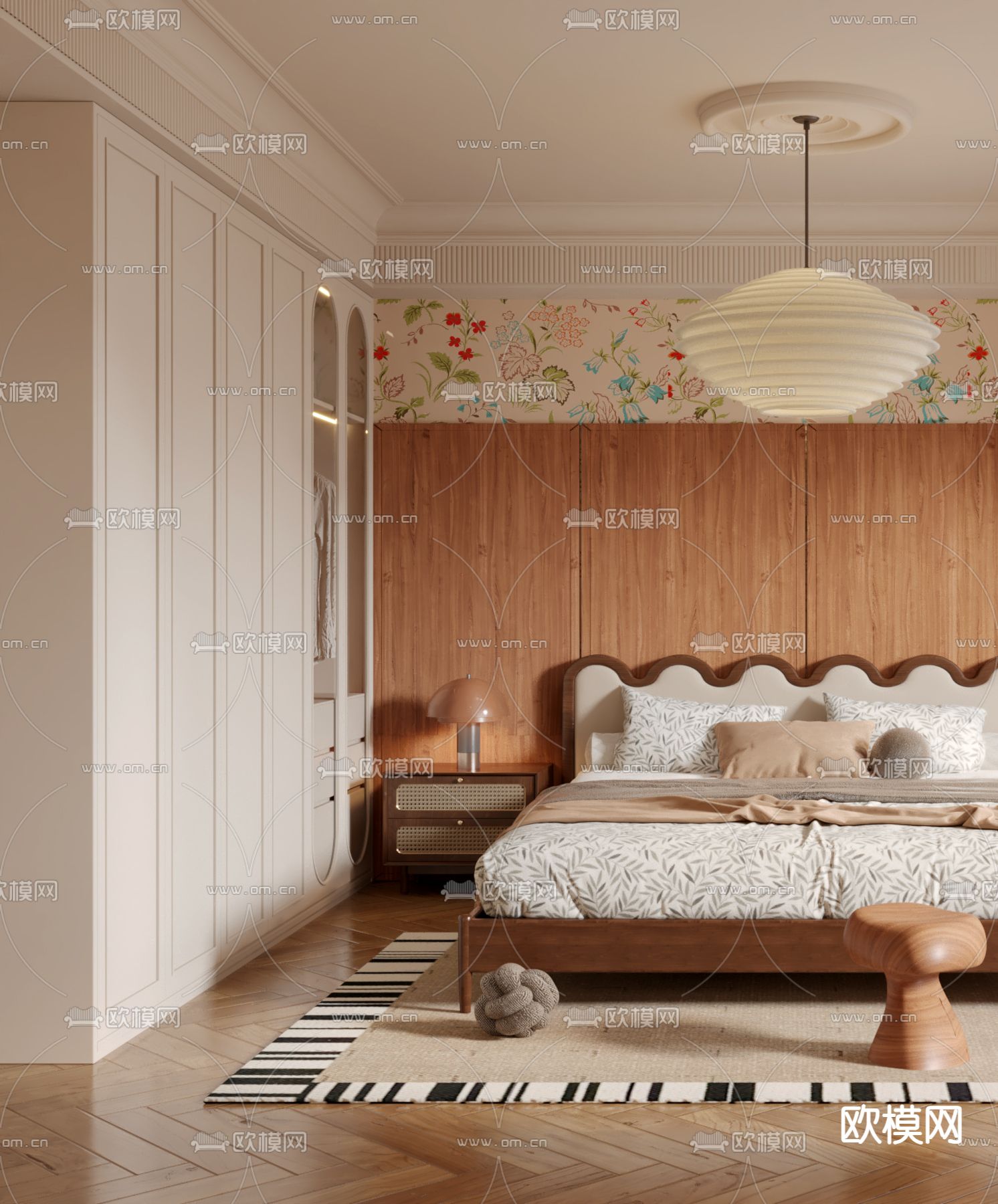 美式复古卧室 主人房3d模型下载（渲染图2）