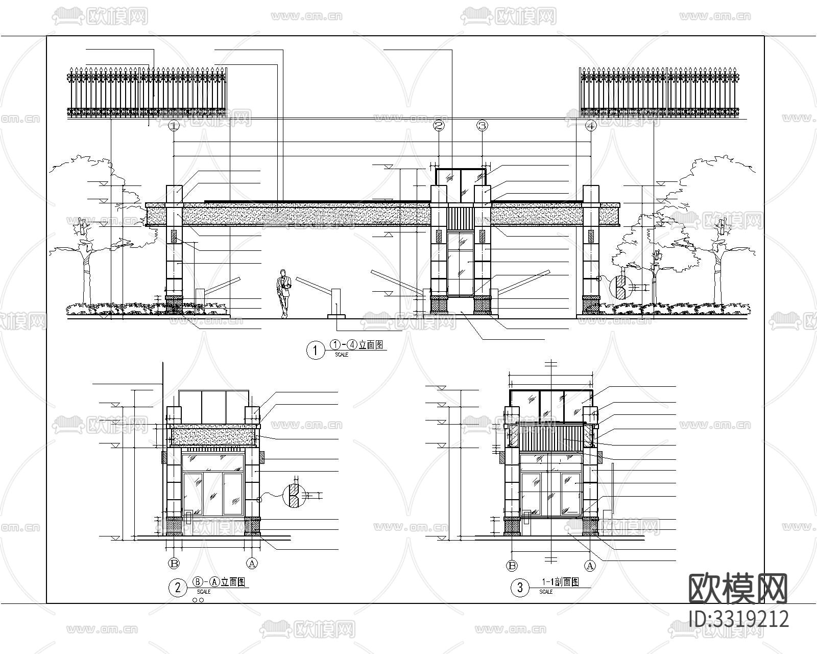 车库入口保安亭节点详图cad大样图下载（渲染图2）