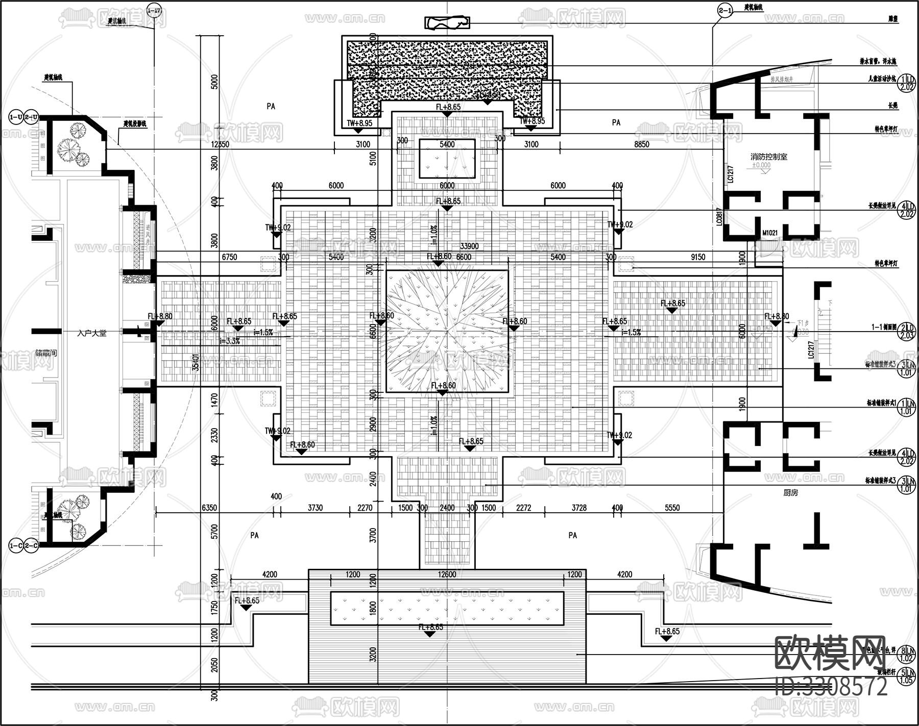 酒店中庭跌水景cad平面图下载（渲染图1）
