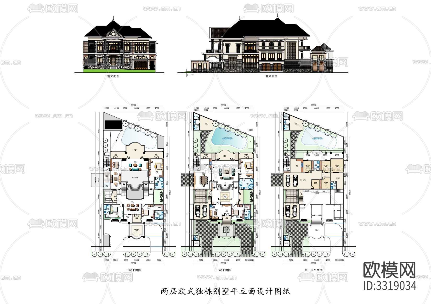 两层乡村独栋别墅cad平面图下载