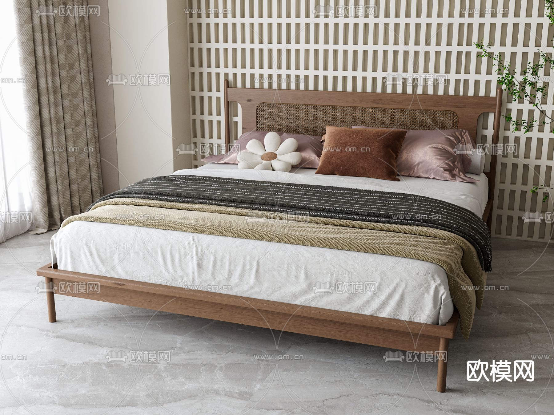 北欧双人床su模型下载（渲染图2）