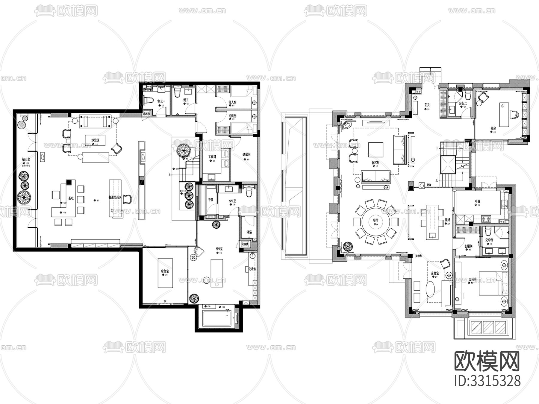 553㎡凌子达—新中式三层别墅室内CAD施工图下载（渲染图2）