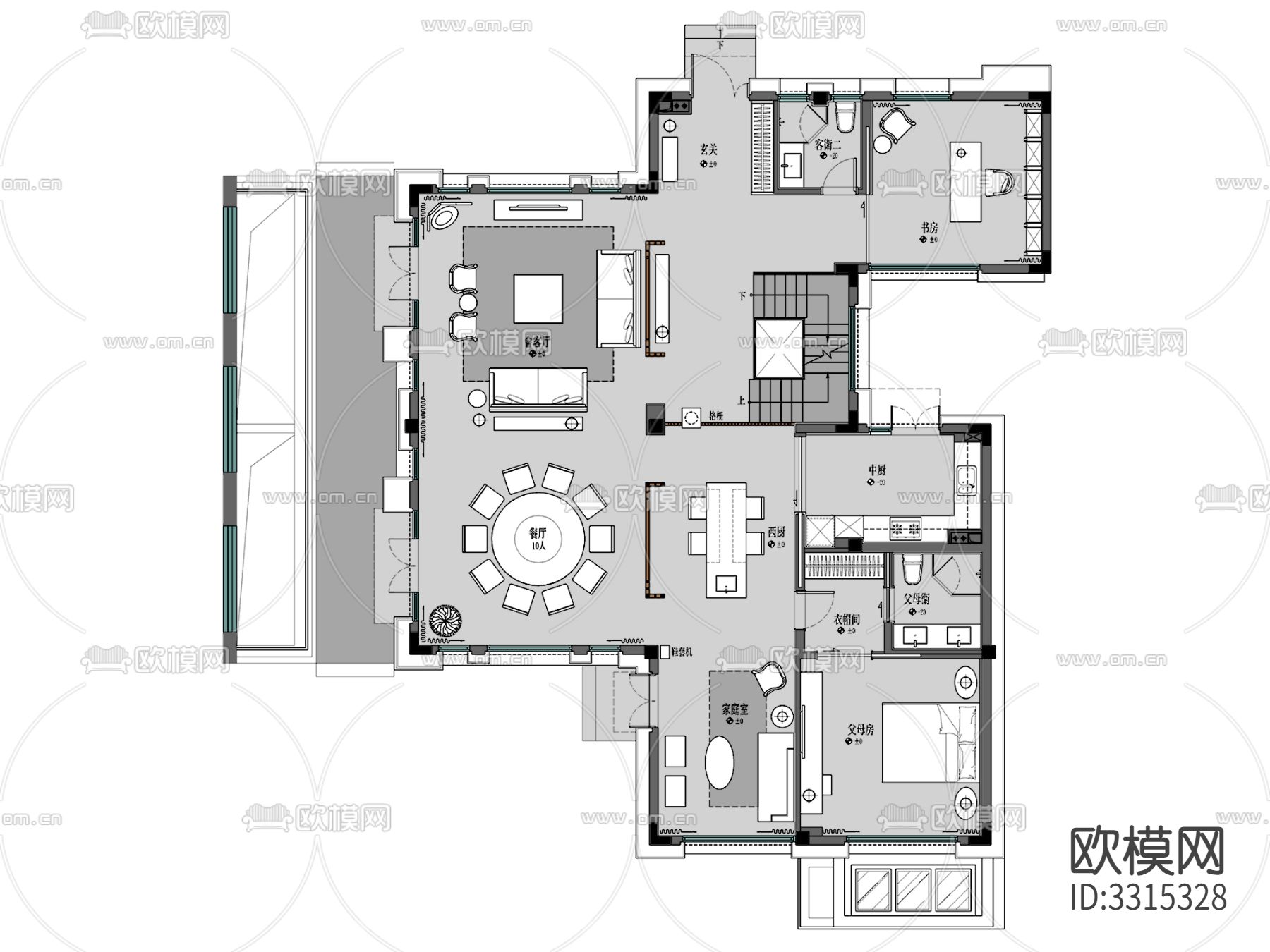 553㎡凌子达—新中式三层别墅室内CAD施工图下载（渲染图1）