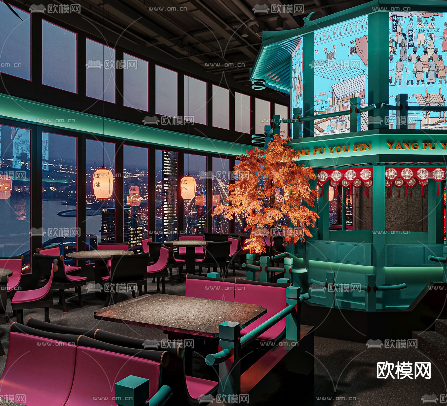 新中式餐厅su模型下载（渲染图4）